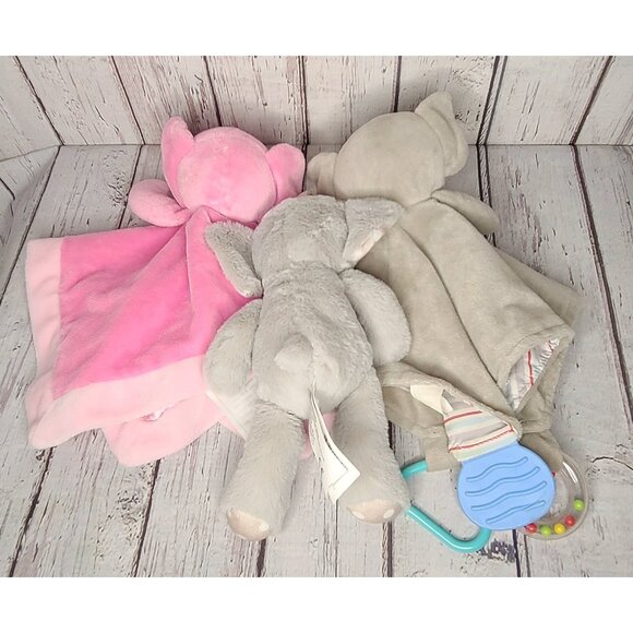 12" Lot of 3 Modern Baby Elephant Security Blanket Lovey Plush Grey Pink Rattle - Picture 2 of 3